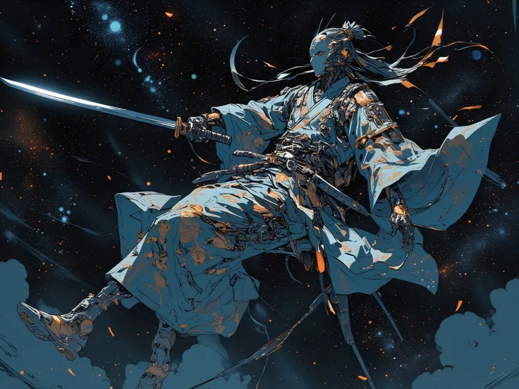 cyborg samurai with traditional samurai hairstyle kimono and katana floating in outer space amongst the stars