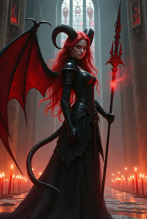 pale white skin young vampire girl aged 22 with long red hair, red demon eyes, red vampire wings, a long demon tail, long ears, sheep horns, wearing black vampire steel heavy armour, one holding black demon spear red aura, standing in the huge castle hall,...