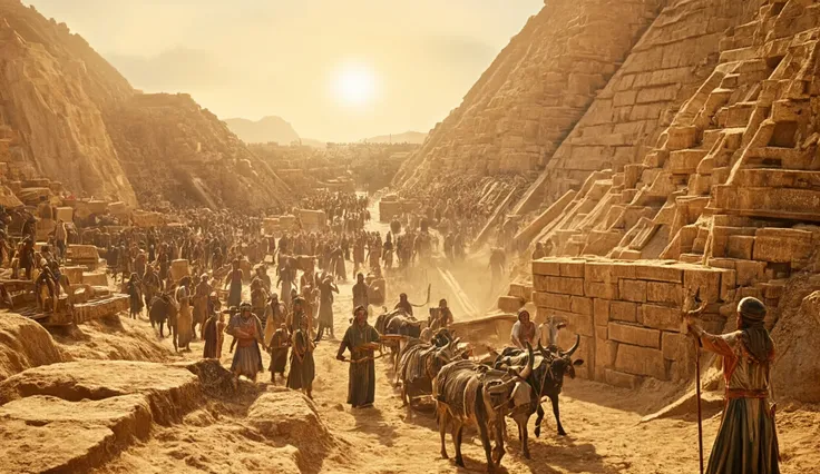 A hyper-realistic cinematic view of the construction of the Great Pyramid, with thousands of workers hauling massive limestone blocks up wooden ramps. Foremen clad in intricate robes shout commands, while oxen pull sledges through the sand. The desert sun ...