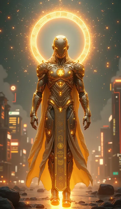 A newly imagined god created by AI, merging cybernetic elements with ancient mythology, a divine entity with a glowing digital halo, intricate golden armor inscribed with futuristic symbols, floating above a futuristic city like a celestial guardian, ultra...