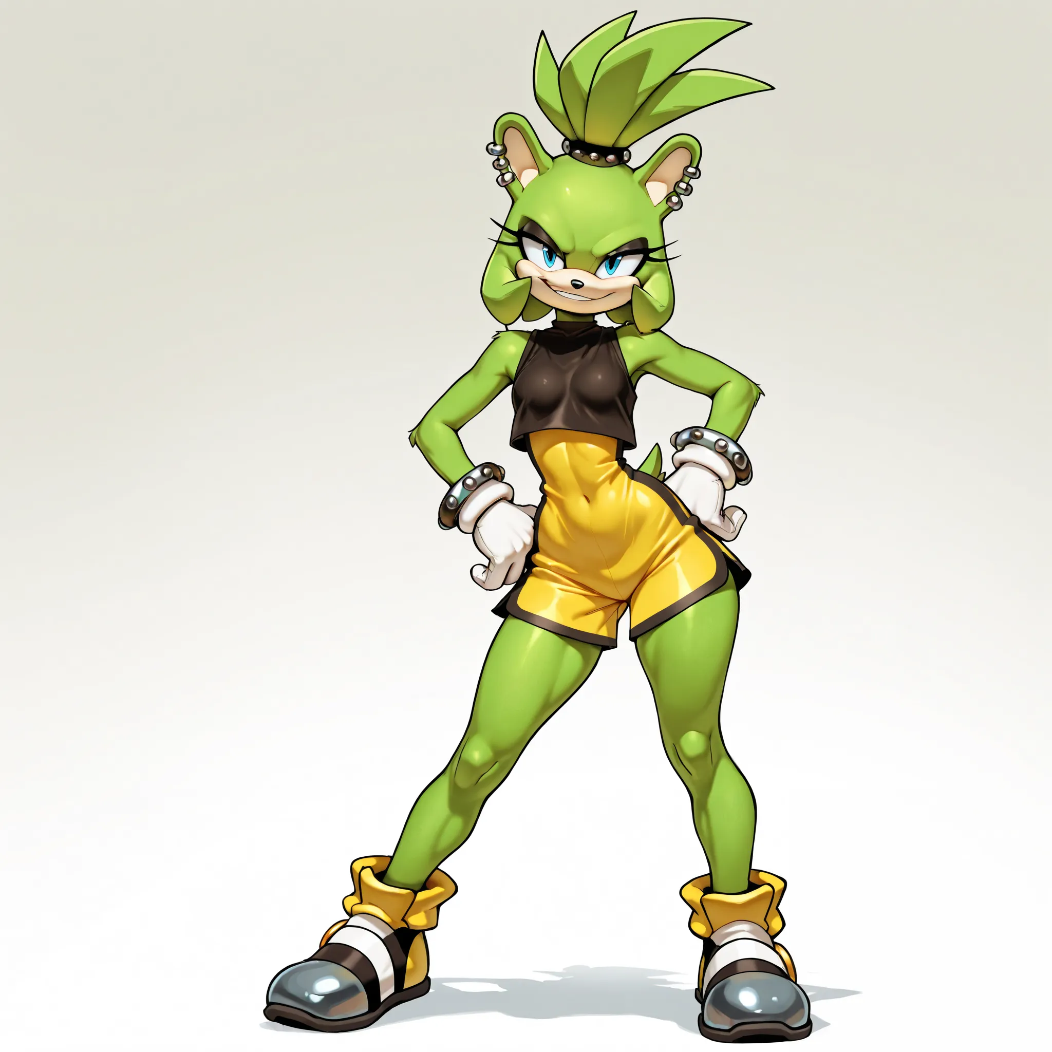 masterpiece, best quality, amazing quality, anthro, surge the tenrec, anthro furry girl, green fur, green topknot hair, blue eyes, piercings, standing, smirking