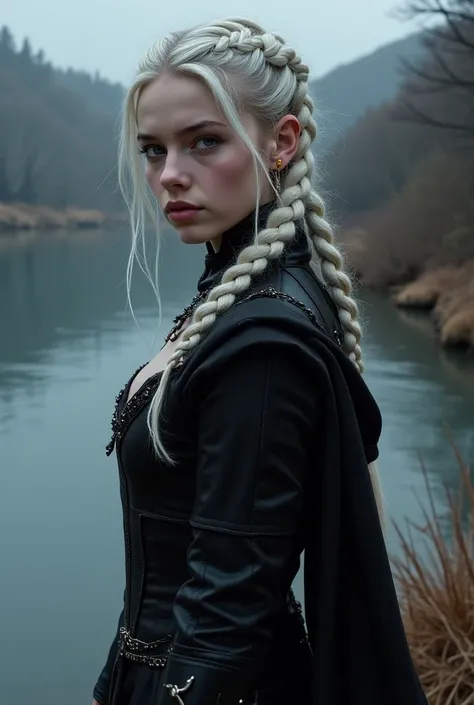 A girl has braided white hair and some black locks,some gray eyes like a storm and some purple flashes,  her clothes are black with daggers .  That your clothes are leather pants with a corset and your legs should have covers for your daggers. They fight w...