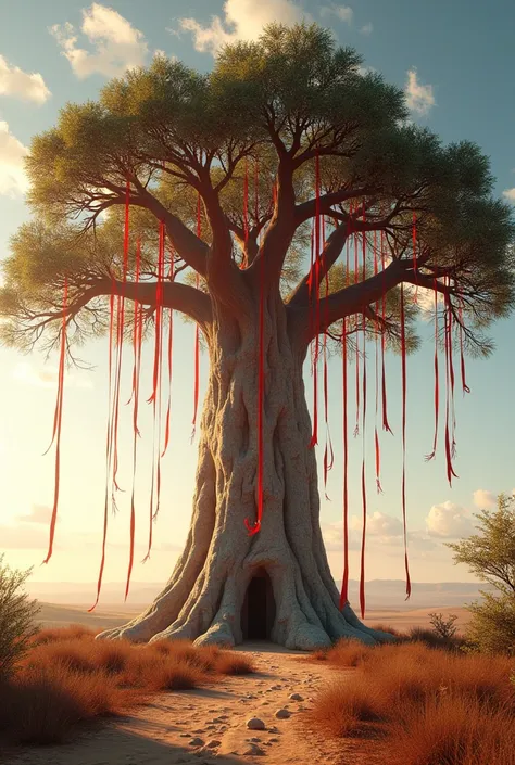 create an image of a baoba tree with red ribbons on all over it