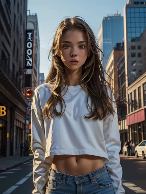 cmodel, digital illustration, cinematic lighting, smooth, mfs shot, best quality, high detail, masterpiece, high quality, streetwear, bloom, film grain, detailed eyes, beautiful face, (skinny:1.2), (young female:1.3), city background 