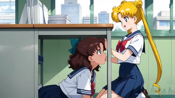 (masterpiece, best quality, very aesthetic , ultra detailed), intriguing details, happy, with friends, brown hair, medium hair, wavy hair, teal hairbow, teal eyes, summer japanese serafuku, small breasts, school room, table, window, chiar, tokyo, detailed ...