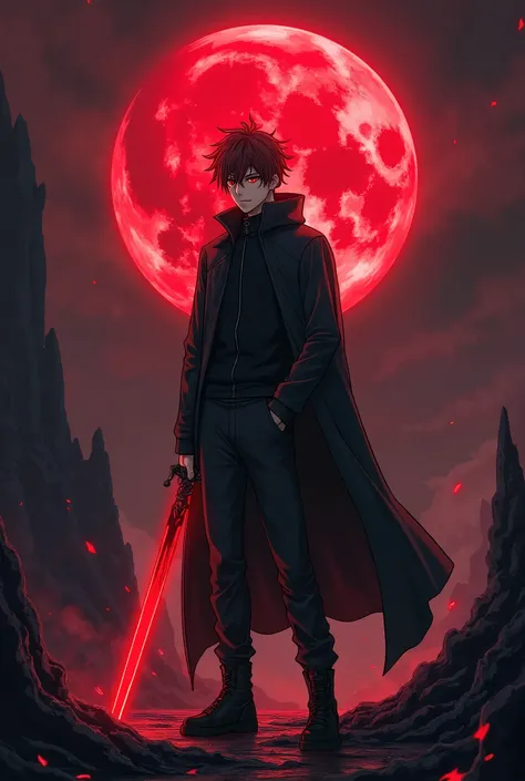 anime male character, cool dark red hair, dark red eyes, light skin, black jacket, black cape, black long pants, black shoes, height 1.90m, evil grin with sharp teeth, holding a flesh-colored sword with a reddish aura, standing in a dark volcanic landscape...