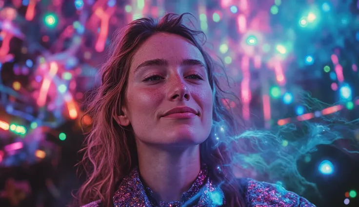 A breathtaking close-up of a Nordic woman’s face, her features sharp and luminous, as she dances in the heart of a wild rave in Norway’s wilderness. Her eyes are half-closed, lost in the beats of the disco music, with a joyful, euphoric expression. Psyched...