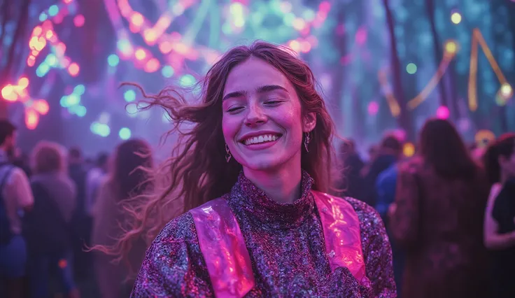 A breathtaking close-up of a Nordic woman’s face, her features sharp and luminous, as she dances in the heart of a wild rave in Norway’s wilderness. Her eyes are half-closed, lost in the beats of the disco music, with a joyful, euphoric expression. Psyched...