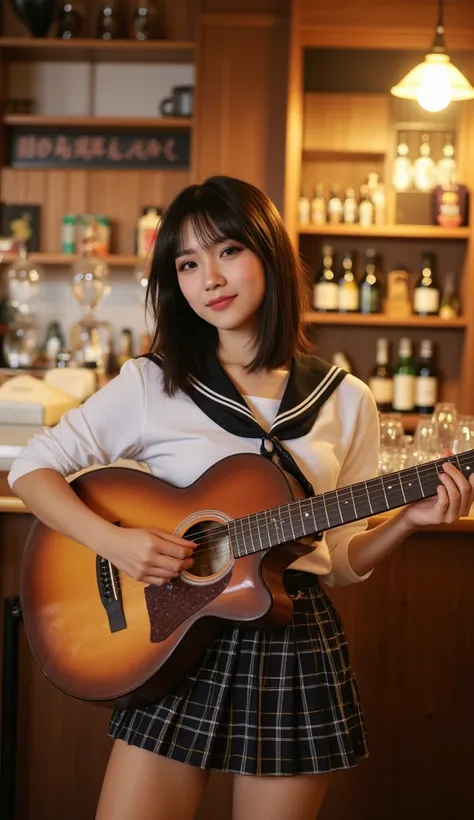 ( Hi-Res), (8k), (Very detailed), (cowboy shot), ( beautiful eye with great attention to detail), ( top quality), ( Masterpiece),, (( Japanese Female High School Student Playing Guitar at the Bar Counter: 1.8)), (Izakaya with a relaxed atmosphere  )), (( B...