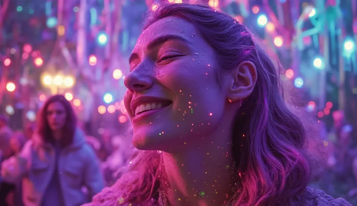 A breathtaking close-up of a Nordic woman’s face, her features sharp and luminous, as she dances in the heart of a wild rave in Norway’s wilderness. Her eyes are half-closed, lost in the beats of the disco music, with a joyful, euphoric expression. Psyched...