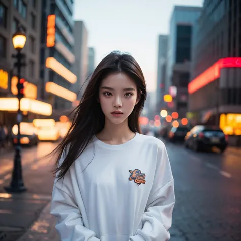 cmodel, digital illustration, cinematic lighting, smooth, mfs shot, best quality, high detail, masterpiece, high quality, streetwear, bloom, film grain, detailed eyes, beautiful face, (skinny:1.2), (young female:1.3), city background 