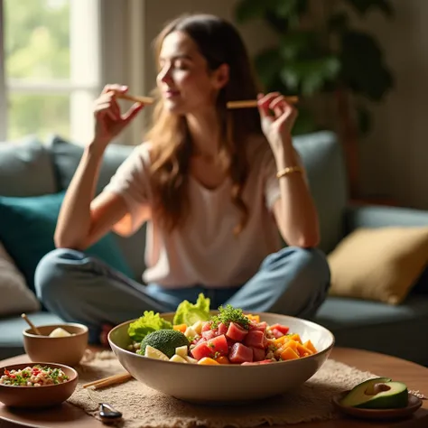 a person relaxing at home and eating Hawaiian poke