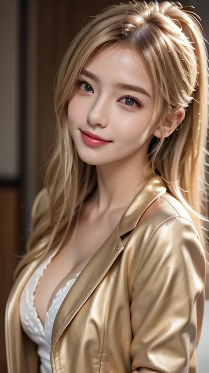 ( blond hair： Gold)、 Goldがなびく、 cute girl、 cute expression with a round face 、 ponytail、( Masterpiece,  top quality:1.2),  impetuous photo 、 Goldの美女、アイドルの北欧系 Gold美女、Adult clothing,Office Style、((Stylish suits))、leather jacket with sunglasses、Singing at a co...