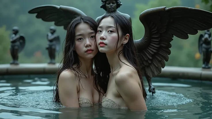  photograph ,  photorealistic , Fantasy,  surreal, On a gray night,  with a heavy storm, In a fountain, under a beautiful bronze statue of a protective angel girl with her huge open wings surrounded by baby angels that gracefully urinate along with the fou...