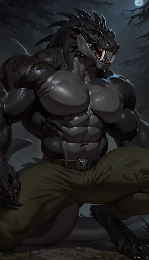 Muscular monster lizardfolk, solo, pants, mercenary, dark lizardfolk, black scaly body, gray belly, detailed abdominals and chest, strong, bara, 1male solo, anthro, muscular, open mouth, small waist, thick tail, marked jaw, pecs, big pecs, military pants, ...