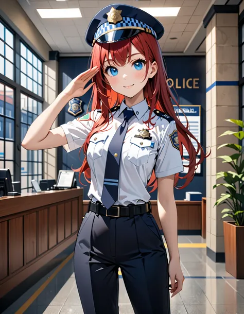 (masterpiece), (best quality), (hires), highly detailed, 4k, medium breasts, 1girl, solo, single, (red hair, long hair, blue eyes, bangs), (full body), (salute:1.2), standing, smile, :d, looking at viewer, one eye closed, japanese police uniform, (white sh...