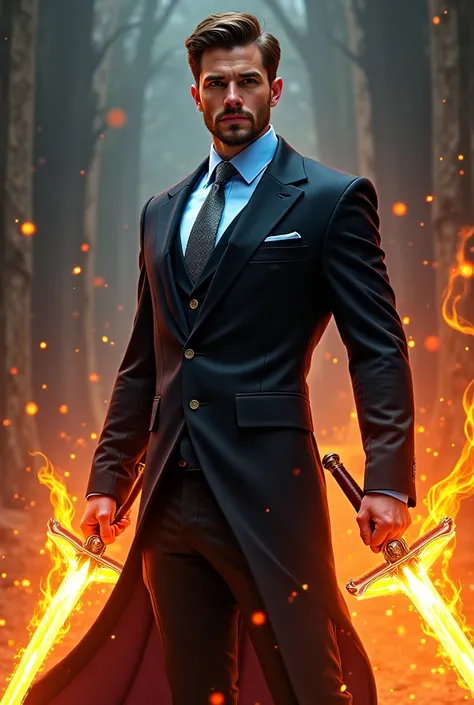 Handsome tall and strong white man with short brown hair with short beard wearing a black suit with a light blue shirt and silver tie bewitching two swords with fire magic in combat posture