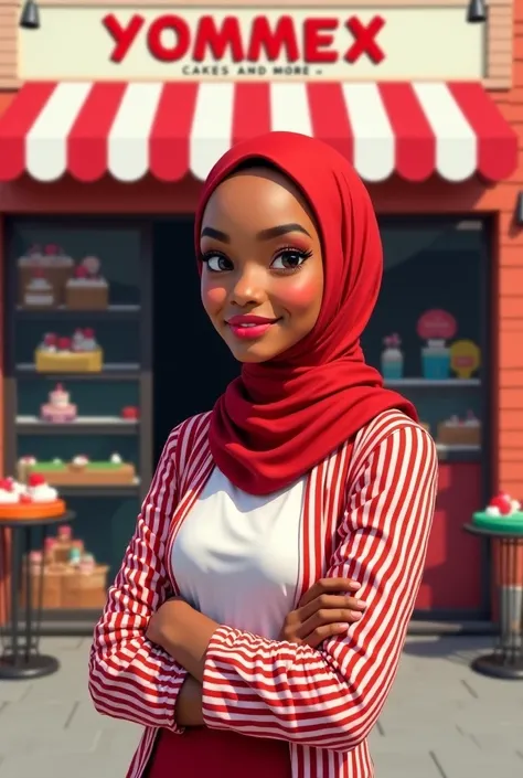 A Nigerian light woman wearing a  hjahb   make it red and withe make her standing in front of a cake shop and the name of the shop is YOMMEX cakes and more make her young pls