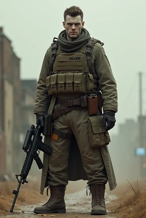 Man 180 cm tall 4 mm long hair brown white skin color skull scarf gloomy look bulletproof vest desert eagel in leg holster HK416 in hand in a post-abkypalue 