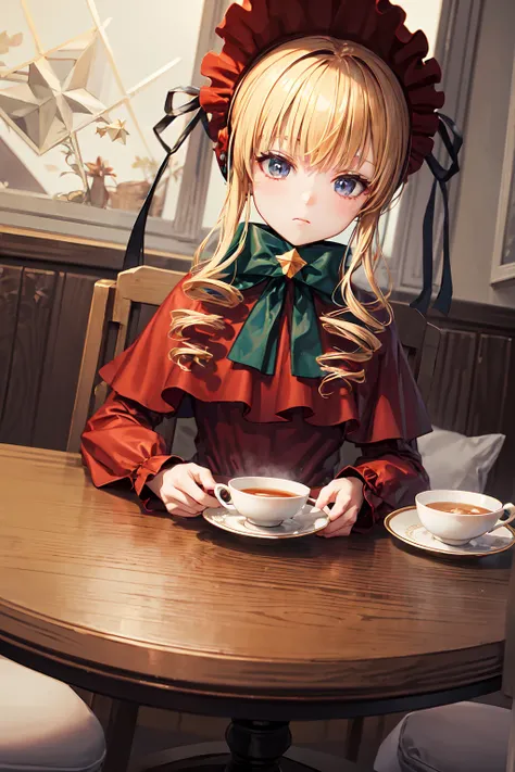  top quality,  masterpiece, Solo Tiny Chibi Vacuum, original costume , bonnet,   red dress,White pantyhose cup,  sitting at table ,  tea party,  watch viewers, ((Cinnamon and an eight-pointed star are placed on the table)), (close-up:0.8), 