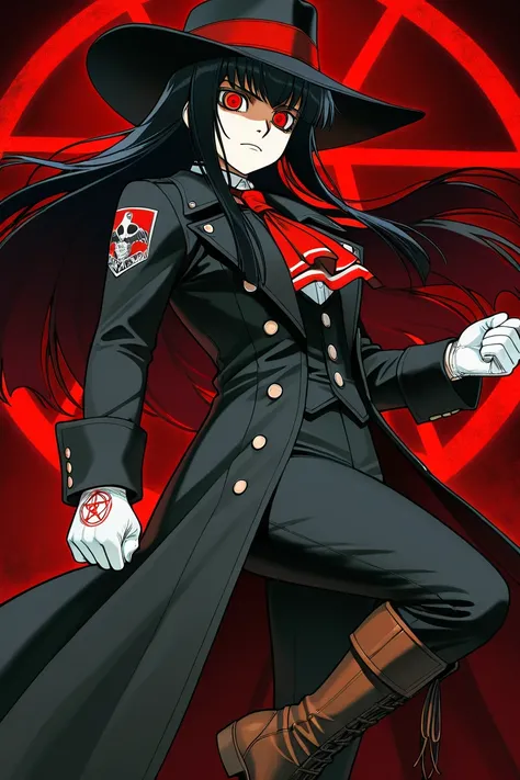 hellsing_ultimate_style Screenshot of Hellsing Ultimate. a 19 year old age girl who became a vampire thanks to Alucard, has long spiky black hair with bangs, light skin, blood red eyes, wears a classic English British black suit with a white t-shirt, a bla...