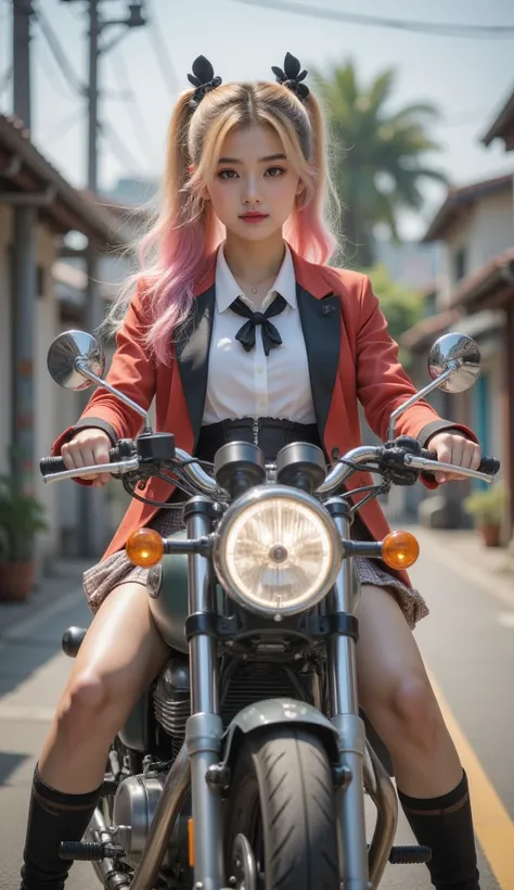 1 Girl,gal,(Gold, Pink Hair ,Two-tone hair), long hair,  side ponytail , black bow,school uniforms,Casual suits,(Checked skirt),(Casual suits, red, black),Ride confidently on a cool motorbike, 8K resolution on the front,  masterpiece,  top quality combat b...