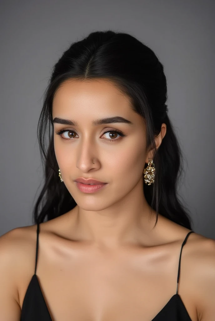 (masterpiece, best quality:1.2), 1girl, solo, Shraddha,1girl, asymmetrical hair, black hair, brown eyes, closed mouth, collarbone, dress, earrings, forehead, grey background,