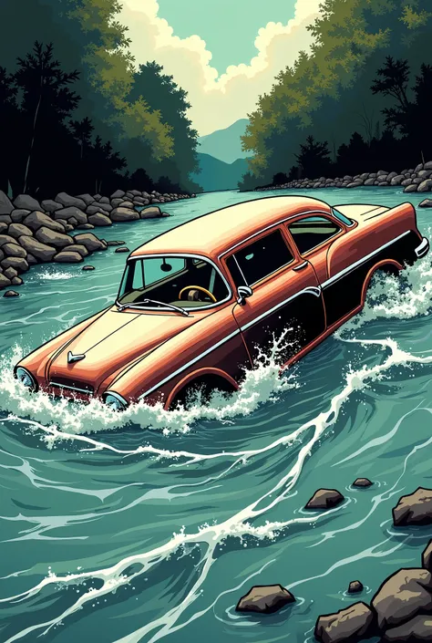 2D comic book drawing of car sinking an a river