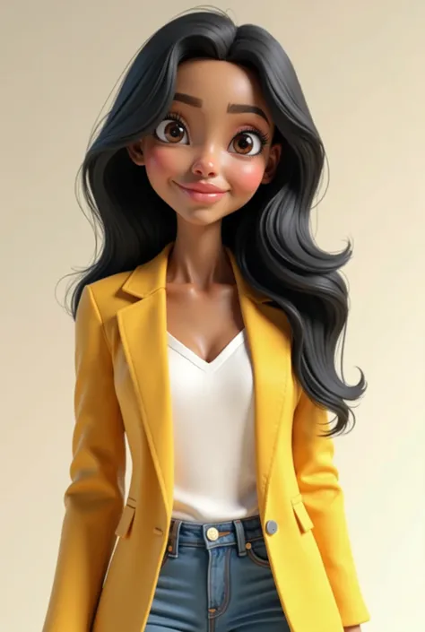 woman in Pixar 3D style,  woman with light brown skin and a smiley.  Her eyes are large ,  expressive and captivating ,  matching your long black hair that They fall in soft waves on the shoulders. She has subtle makeup ,  highlighting her pink lips and we...