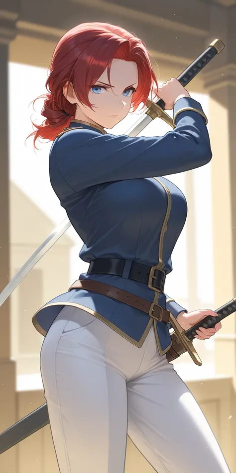 Mature female, red hair, blue eyes, tied hair, blue uniform, white pants, sword, belt, serious expression, soft light, highly detailed, best quality