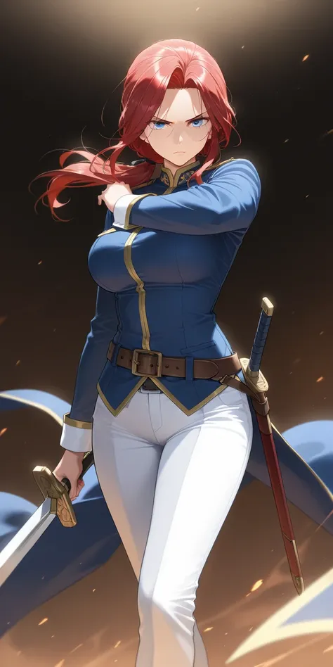 Mature female, red hair, blue eyes, tied hair, blue uniform, white pants, sword, belt, serious expression, soft light, highly detailed, best quality