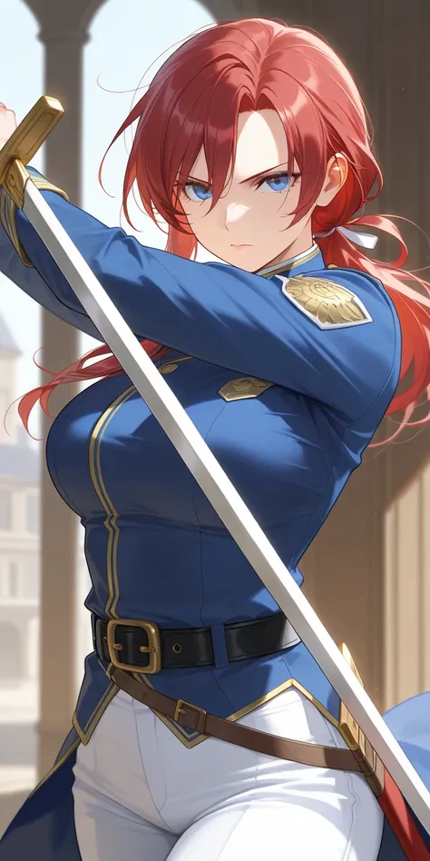 Mature female, red hair, blue eyes, tied hair, blue uniform, white pants, sword, belt, serious expression, soft light, highly detailed, best quality