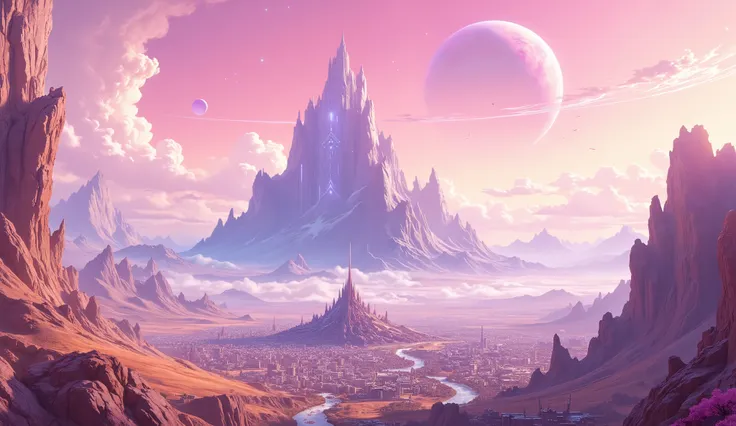 A digital painting,  illustration of a fantasy mountain, a beautiful city, Pink sky, Iridescent,  A planet in the sky ,  beautiful stars:: , pastel pink palette ,  focus on the mountain ,  detailed city , The awe-inspiring planet ,  hyper detailed ,  sharp...