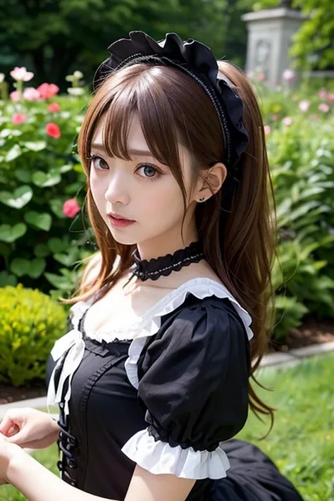  adult woman、 Brown Tails、(Gothic Lolita Wear )、Painful 、garden