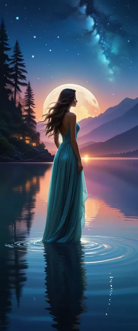 (high resolution,  best quality,realistic), 1girl ,  standing on the surface of the lake  , Looking at the Moon ,  sparkling reflections on the water  , serene  atmosphere,( ethereal ,  ethereal  beauty:1.1),(  long flowing hair  , fluid dress ),(  soft mo...