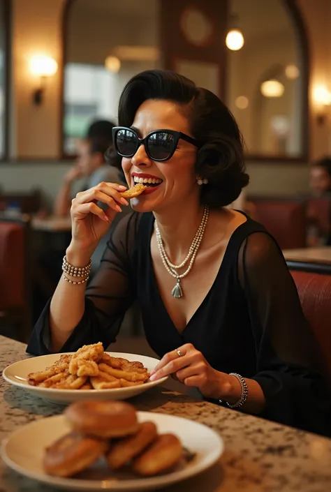 A historical-style image of Umm Kulthum, the iconic Egyptian singer, sitting at a traditional Egyptian restaurant, enjoying a plate of hawawshi. She is elegantly dressed in her signature style, wearing dark sunglasses and a classic dress, with a relaxed an...