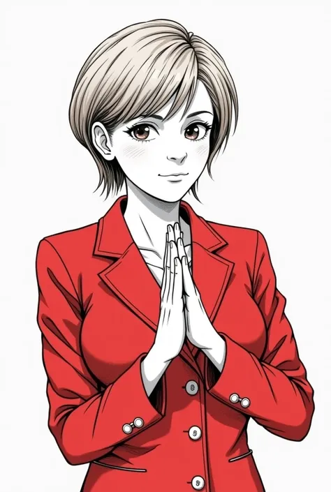 A woman with short, light brown hair, styled similarly to Angela Merkel's hairstyle, wearing a red blazer with white buttons. She is making the characteristic 'Merkel diamond' hand gesture with her hands. The style should be in black and white manga art, w...