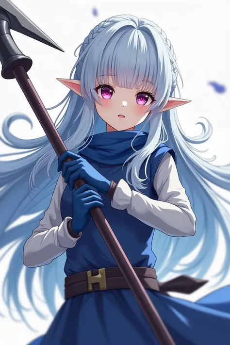 an animated artwork of a young woman wielding a large two-pronged spear, 1girl, solo, weapon, holding, blue hair, holding weapon, long hair, pointy ears, ahoge, simple background, full body, gloves, looking at viewer, (EyesHD:1.2), masterpiece, best qualit...