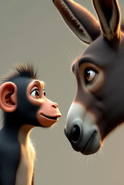 A realistic monkey and donkey look head-on incredulously