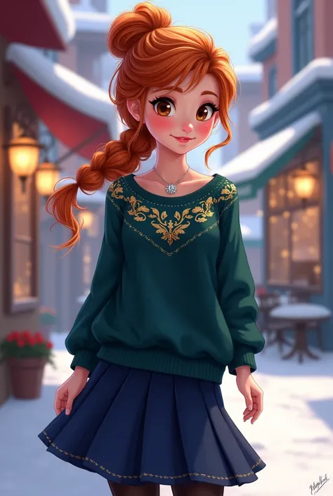 Prompt:
*“Create a high-quality anime-style illustration of a modern version of Anna from Frozen. She is reimagined as a stylish young woman with a warm and cheerful personality. She has vibrant red hair tied in a high ponytail, with a few loose strands fr...