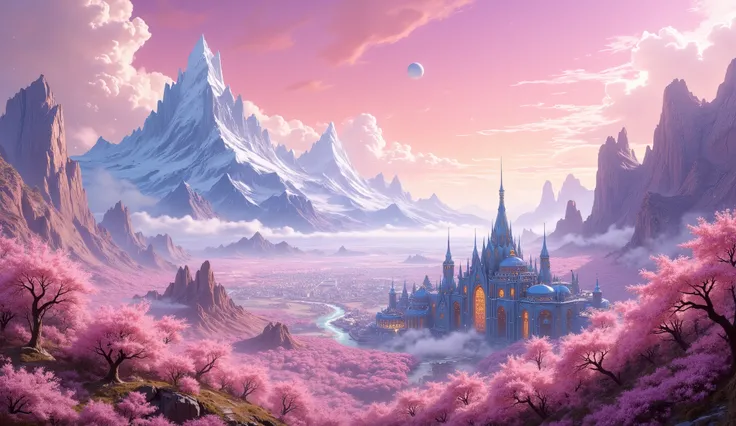 A digital painting,  illustration of a fantasy mountain, a fantasy forest full of cherry blossom petals, a beautiful city, Pink sky, Iridescent,  A planet in the sky ,  beautiful stars:: , pastel pink palette ,  focus on the mountain ,  detailed city , The...