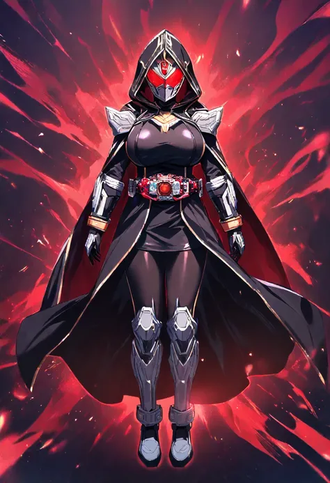  Masterpiece,  top quality,  Hi-Res,  1girl , Alone、 Black leather clothing 、Big Breasts、  black robe  、black hood 、Iron Mask on Face , the wizard、red aura on the background、 iron gauntlet on the arm 、 Iron Boots、 full body、Rider Belt,