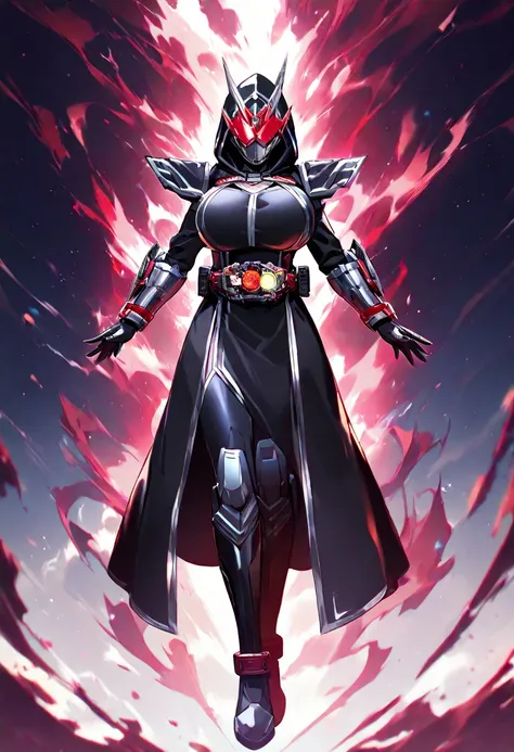  Masterpiece,  top quality,  Hi-Res,  1girl , Alone、 Black leather clothing 、Big Breasts、  black robe  、black hood 、Iron Mask on Face , the wizard、red aura on the background、 iron gauntlet on the arm 、 Iron Boots、 full body、Rider Belt,