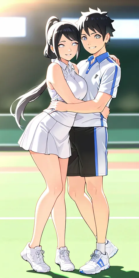 Raikage A standing on left, Hinata embrace the shoulder, grinning, Masterpiece, elegant mature woman, Hinata(boruto), white eyes, high ponytail long hair, tall body, tennis uniform, white sneakers, full body, smile, tennis field's, dynamic lighting, ultra ...