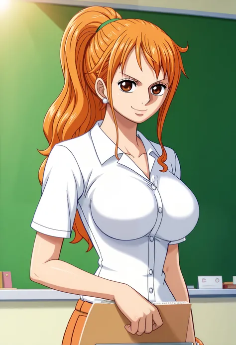 score_9_up, best quality, cowboy shot, anime_source, anime style, (SOLO:1.7), 1girl, Nami, orange hair, (teacher uniform:1.3), , morning, Medium breasts, (ponytail:1.7), (modest), detailed beach, (raised fists:1.2), (serious smile:1.3), (curvy body:1.0), (...