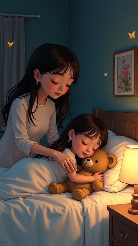 The artistic style of the image is delicate and pastel, with soft colors and a cozy feel. The composition of the image is a girl with dark skin and long, straight brown hair lying in bed, hugging a teddy bear. Her mother is standing next to the bed, turnin...