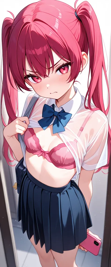 See through bras with a smartphone、 twin tails、 school uniform、 slightly angry face、 small breasts、 pink bra