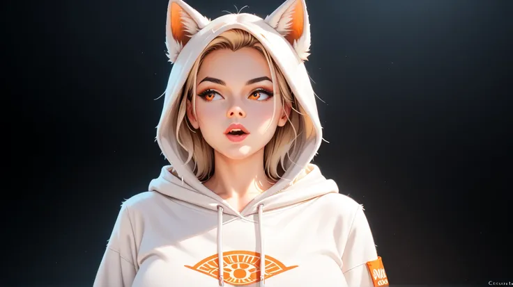 sexy woman wearing a white hoodie with a black silhouette of a wolf's head on the front, featuring dynamic white lines and swirls. The wolf's face is centered, with its mouth open and eyes looking to the right. A small orange logo is on the left sleeve. Th...