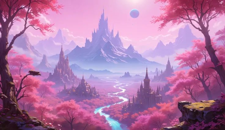 A digital painting, illustration of a fantasy mountain, a fantasy forest full of cherry blossom petals, a beautiful city, Pink sky, Iridescent, A planet in the sky , beautiful stars:: , pastel pink palette , focus on the mountain , detailed city , The...