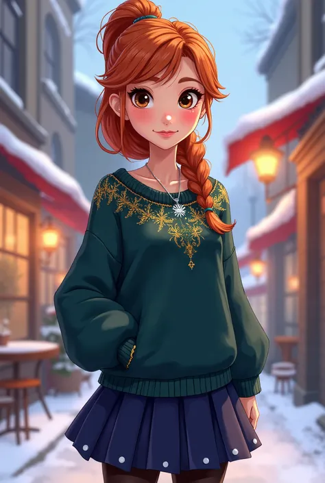 
*“Create a high-quality anime-style illustration of a modern version of Anna from Frozen. She is reimagined as a stylish woman with a warm and cheerful personality. She has vibrant cherry red hair tied in a high ponytail, with a few loose strands framing ...